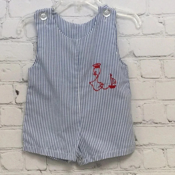 Royal Heir 12M Blue Pinstripe Duck and Boat Overall Shorts Romper for Boys - Picture 1 of 7